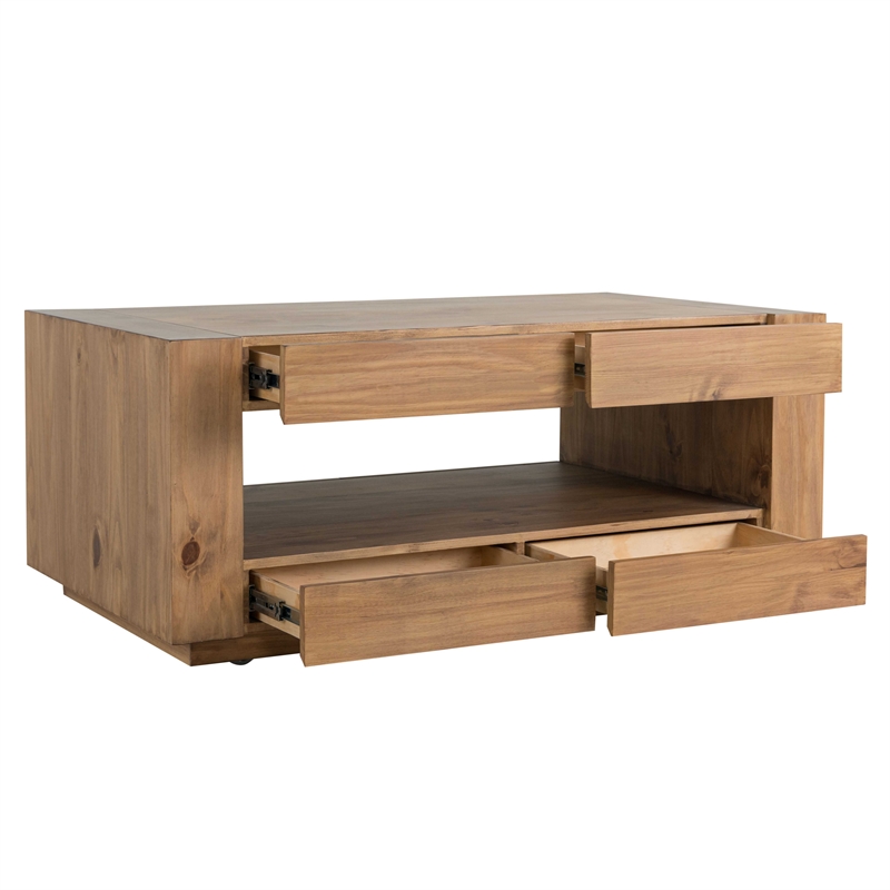 Bowery Hill 4-Drawer Rectangular Coffee Table in Pine Oak Finish