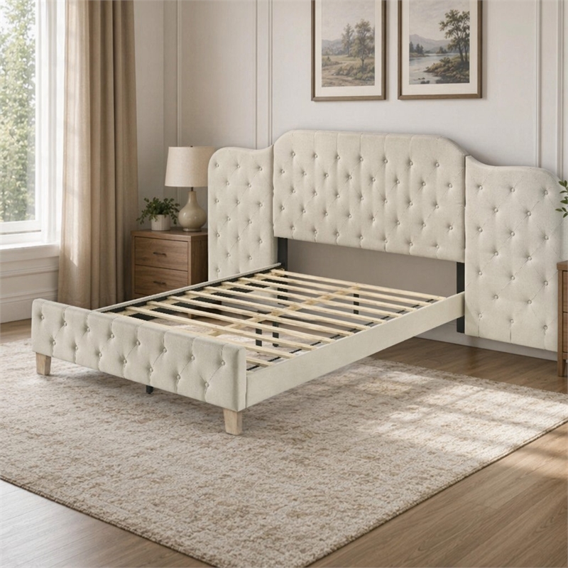 Bowery Hill Contemporary Upholstered Queen Wall Bed in Beige Fabric