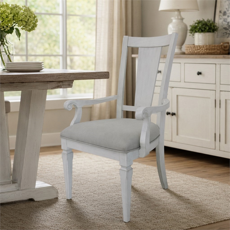 Bowery Hill Fabric/Wood Arm Chairs in Weathered White Light Gray (Set of 2)