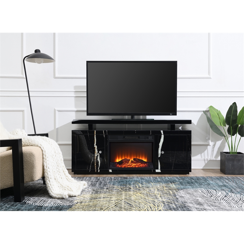 Bowery Hill 2-Door TV Stand with Black Mirrored Finish and Fireplace