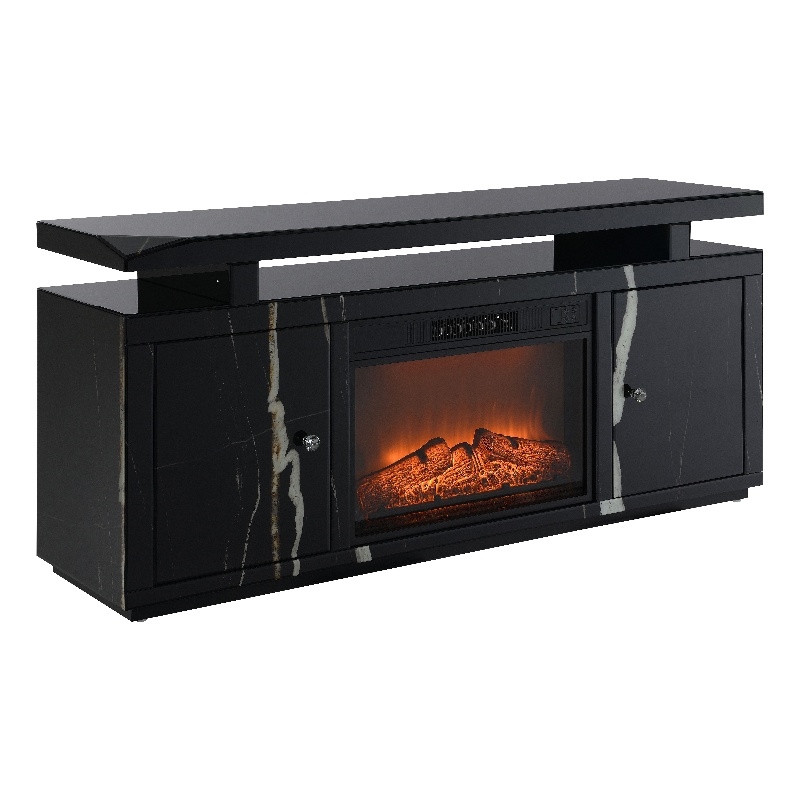 Bowery Hill 2-Door TV Stand with Black Mirrored Finish and Fireplace