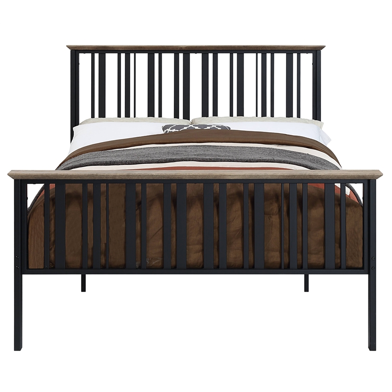 Bowery Hill Transitional Metal & Wood Full Bed in Black & Antique Oak