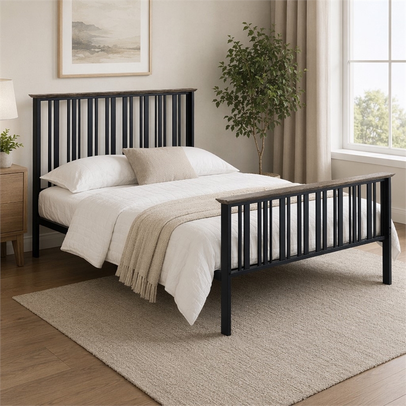 Bowery Hill Transitional Metal & Wood Full Bed in Black & Antique Oak