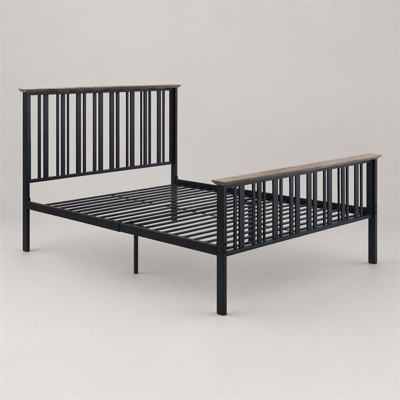 Bowery Hill Transitional Metal & Wood Full Bed in Black & Antique Oak