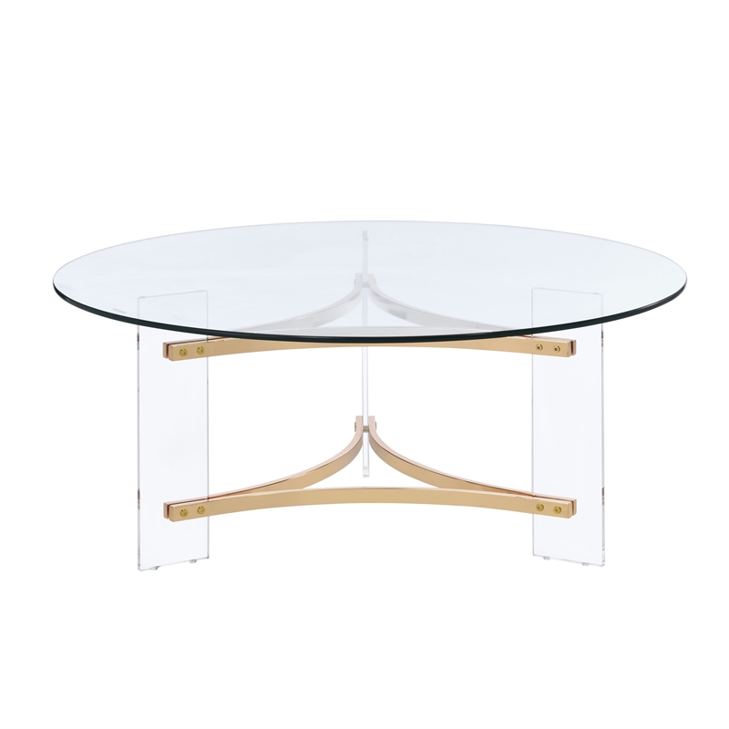 Bowery Hill Round Glass Coffee Table with Acrylic Legs in Gold and Clear