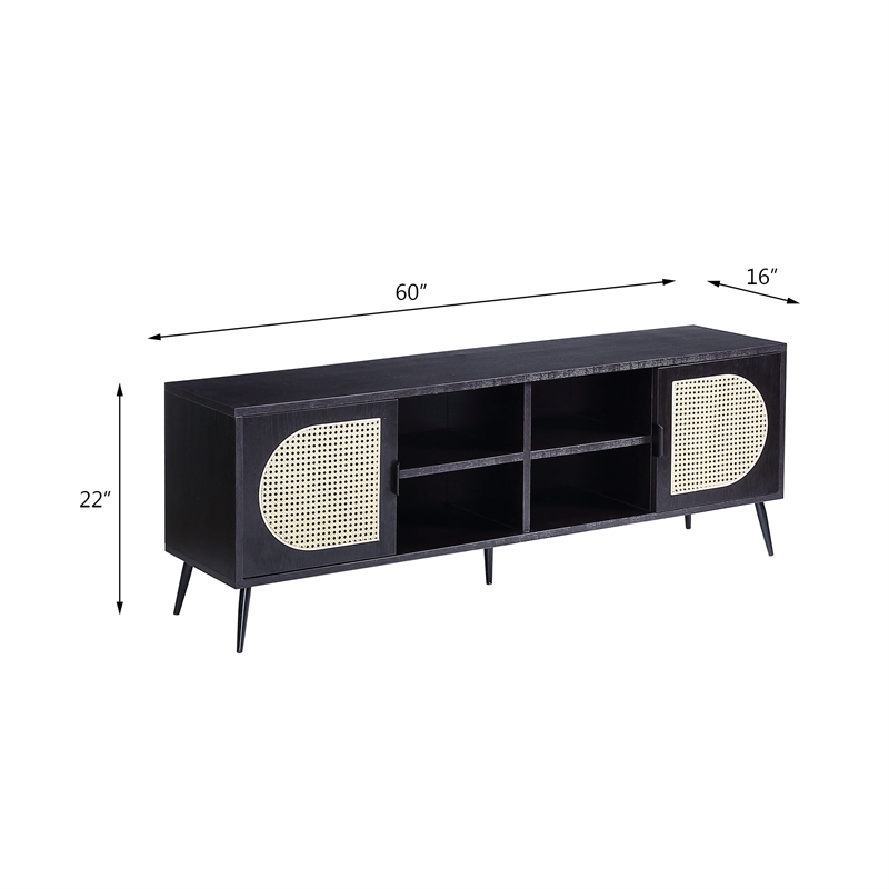 Bowery Hill Colson Black Wooden TV Stand with Rattan Cabinet Doors