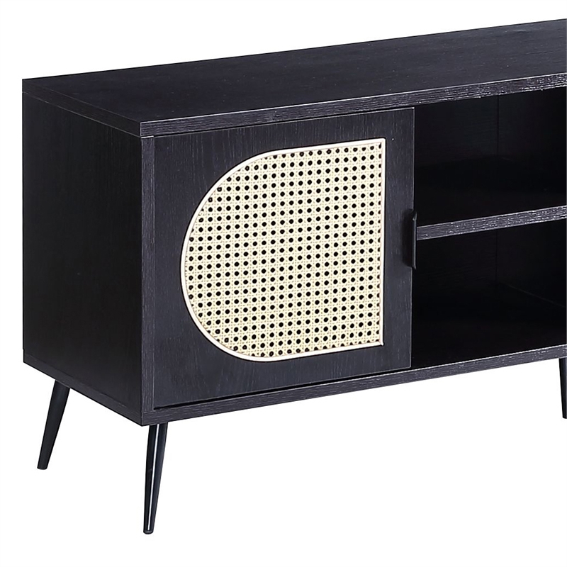 Bowery Hill Colson Black Wooden TV Stand with Rattan Cabinet Doors
