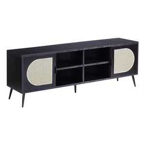 Bowery Hill Colson Black Wooden TV Stand with Rattan Cabinet Doors