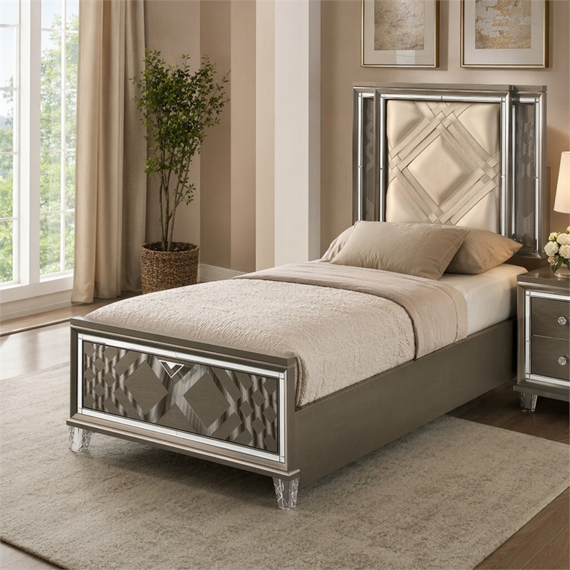 Bowery Hill Full Faux Leather Storage Bed with LED in Dark Champagne
