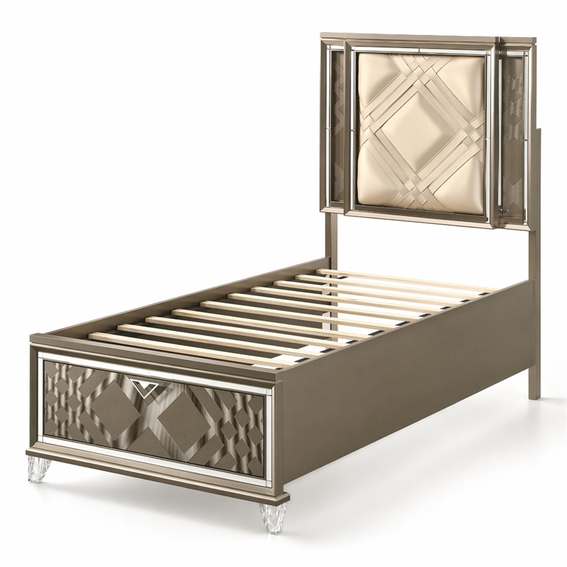 Bowery Hill Full Faux Leather Storage Bed with LED in Dark Champagne