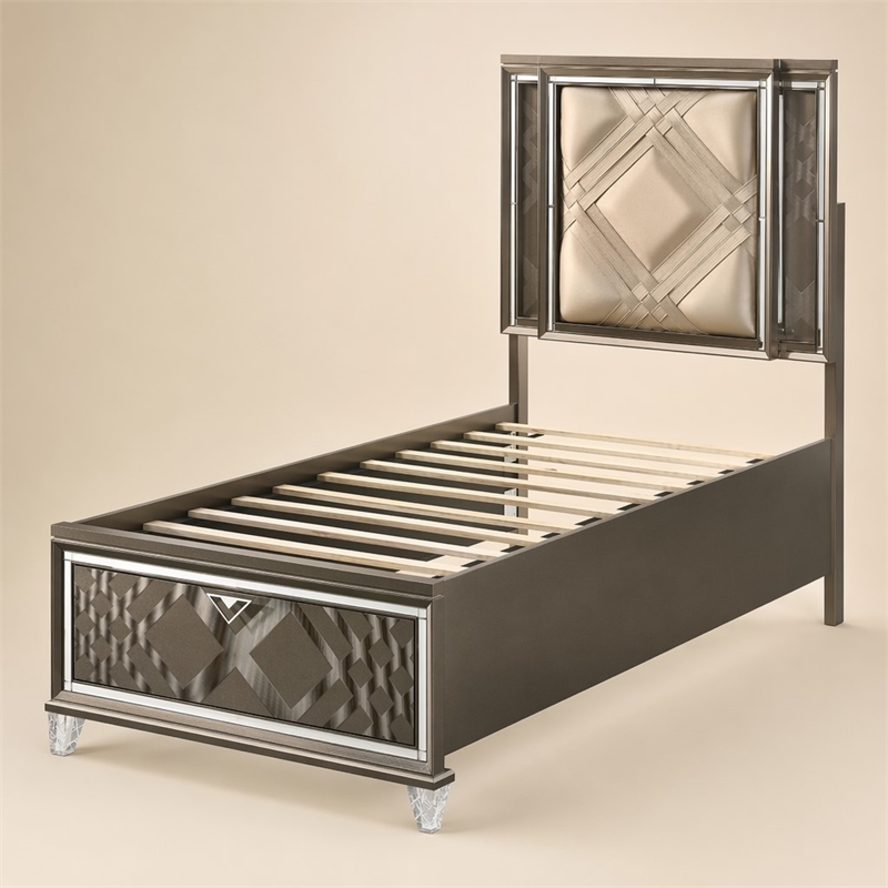 Bowery Hill Full Faux Leather Storage Bed with LED in Dark Champagne