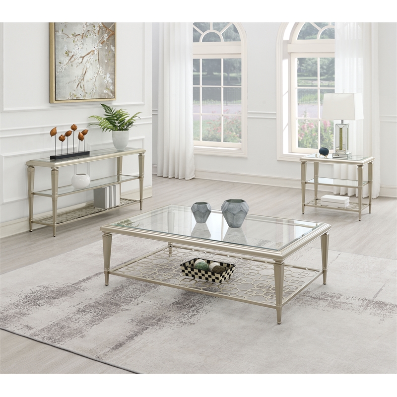 Bowery Hill Rectangular Coffee Table in Tempered Glass and Silver Metal