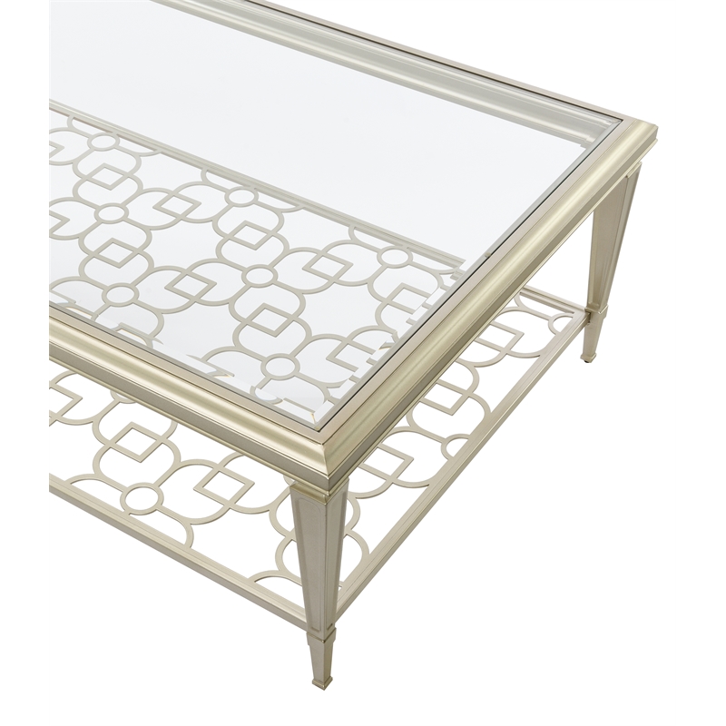 Bowery Hill Rectangular Coffee Table in Tempered Glass and Silver Metal