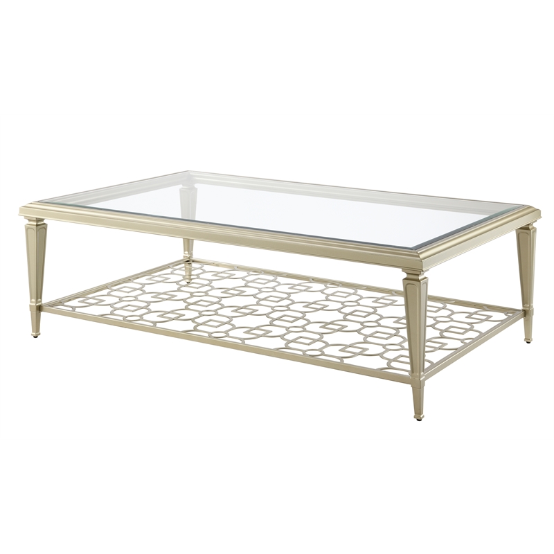 Bowery Hill Rectangular Coffee Table in Tempered Glass and Silver Metal