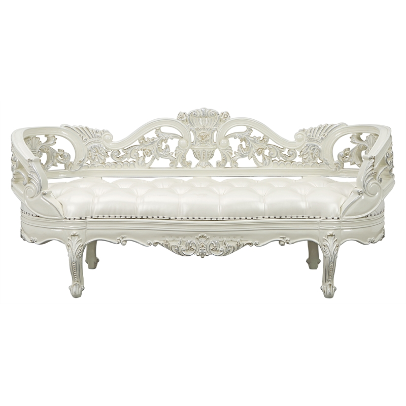 Bowery Hill Antique White Wood Bench with Tufted Faux Upholstery