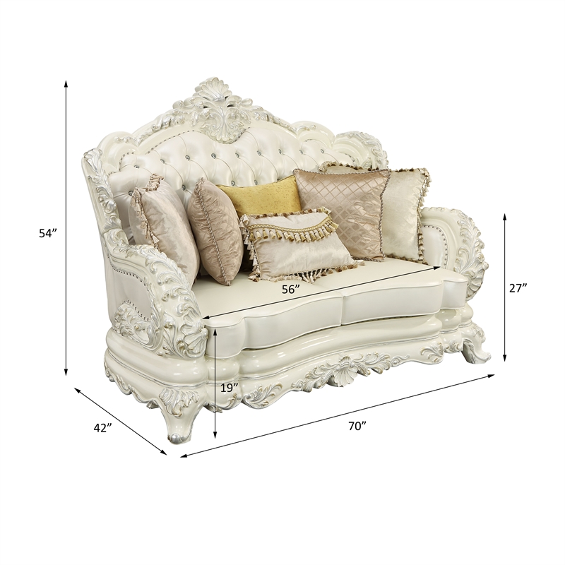 Bowery Hill Tufted Faux Leather Loveseat with 5 Pillows in White/Antique White