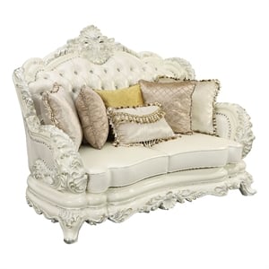 Bowery Hill Tufted Faux Leather Loveseat with 5 Pillows in White/Antique White