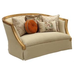 Bowery Hill Barrel-Back Loveseat in Tan Flannel with Antique Gold Trim