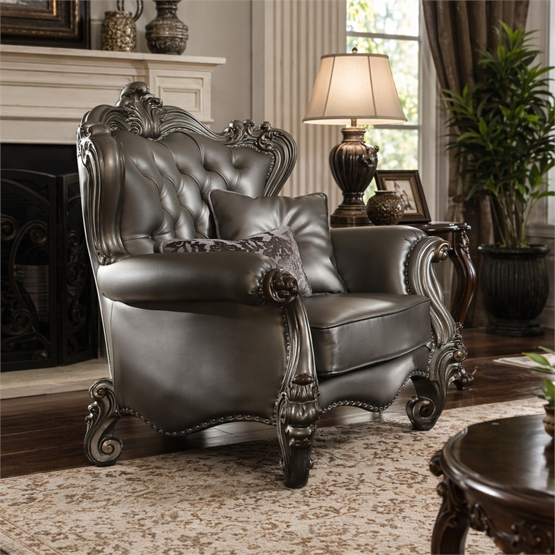 Bowery Hill Wing Back Chair in Silver Faux Leather with Antique Platinum Trim
