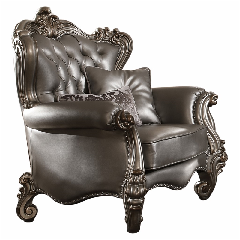 Bowery Hill Wing Back Chair in Silver Faux Leather with Antique Platinum Trim