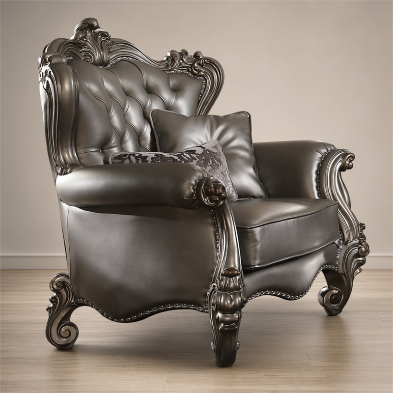 Bowery Hill Wing Back Chair in Silver Faux Leather with Antique Platinum Trim
