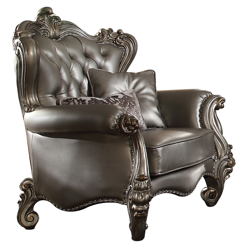 Bowery Hill Wing Back Chair in Silver Faux Leather with Antique Platinum Trim