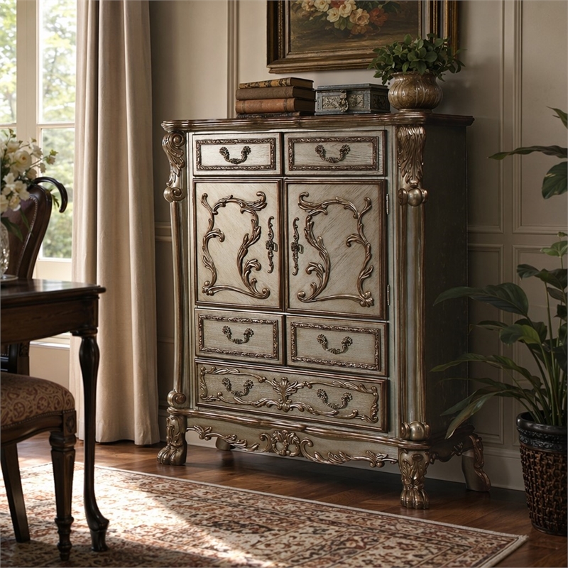 Bowery Hill Gold Patina Wooden Chest with 5 Drawers and 2 Doors