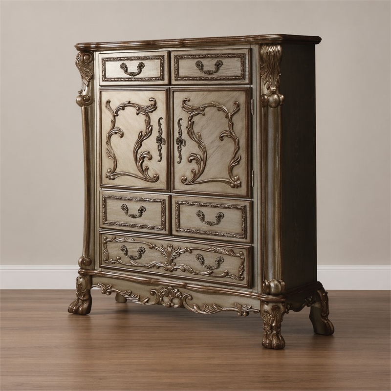 Bowery Hill Gold Patina Wooden Chest with 5 Drawers and 2 Doors