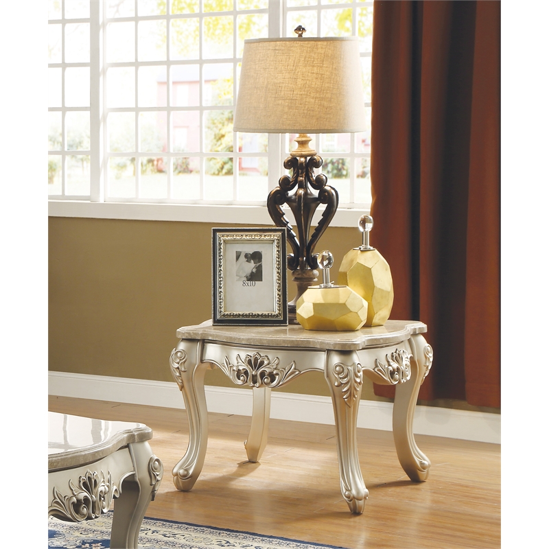 Bowery Hill Marble Top End Table with Carved Floral in Champagne