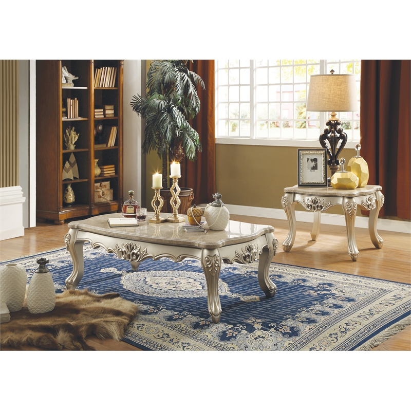 Bowery Hill Marble Top End Table with Carved Floral in Champagne