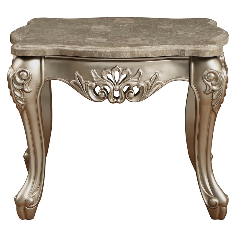 Bowery Hill Marble Top End Table with Carved Floral in Champagne