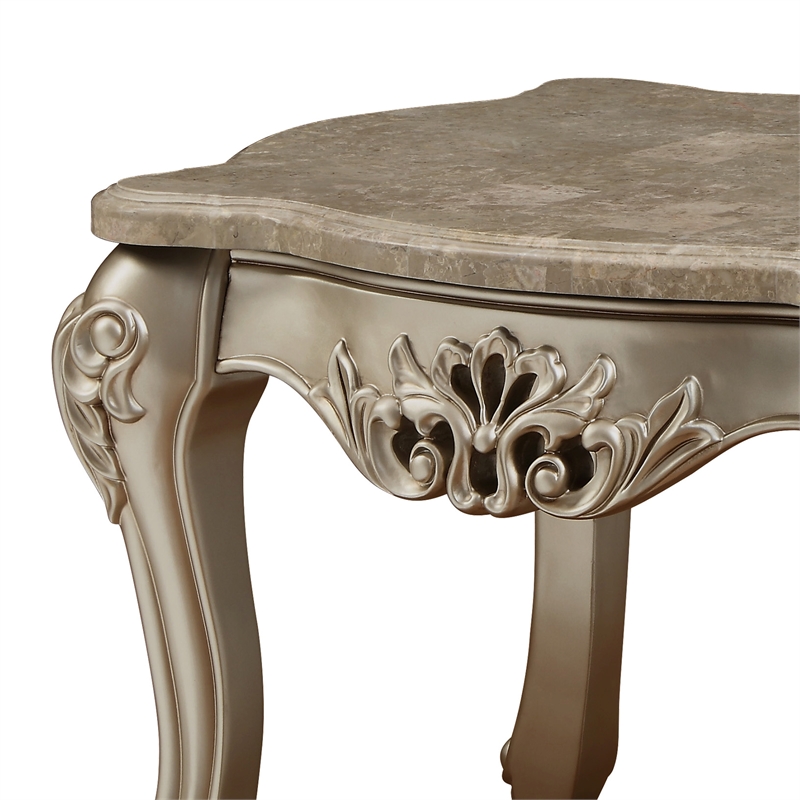 Bowery Hill Marble Top End Table with Carved Floral in Champagne