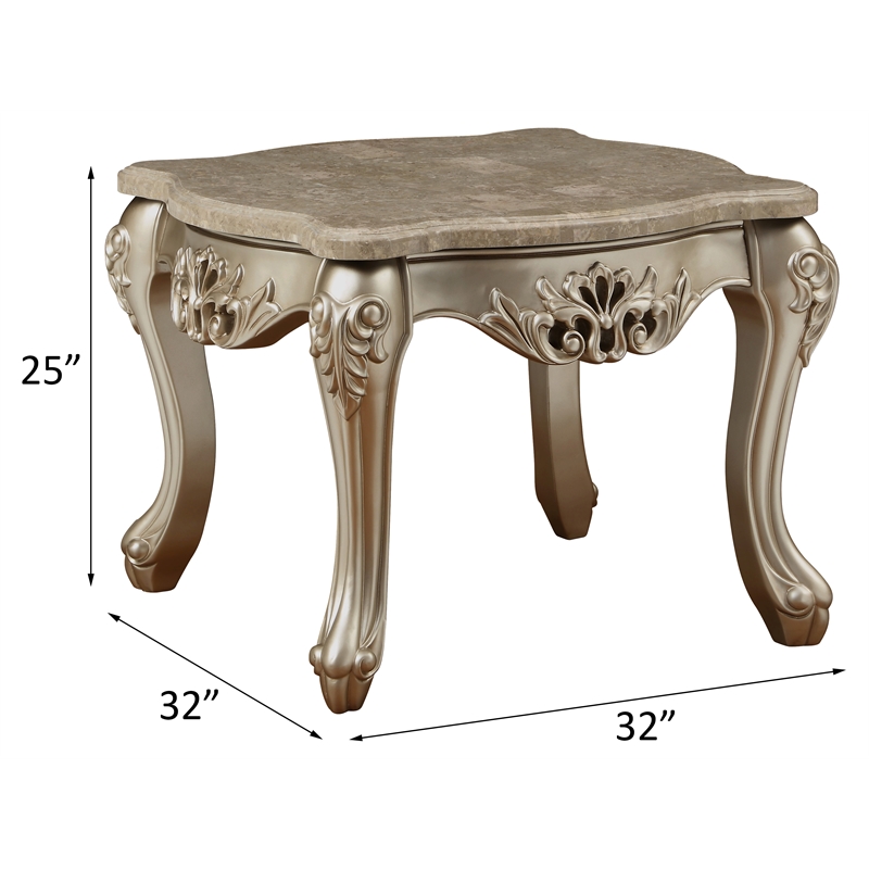 Bowery Hill Marble Top End Table with Carved Floral in Champagne