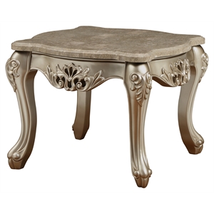 Bowery Hill Marble Top End Table with Carved Floral in Champagne