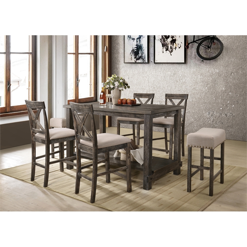 Bowery Hill Counter Height Dining Table with Shelf in Weathered Gray Wood