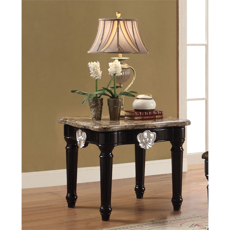 Bowery Hill Marble Top Coffee Table with Ornate Carved Details in Black