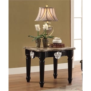 Bowery Hill Marble Top Coffee Table with Ornate Carved Details in Black