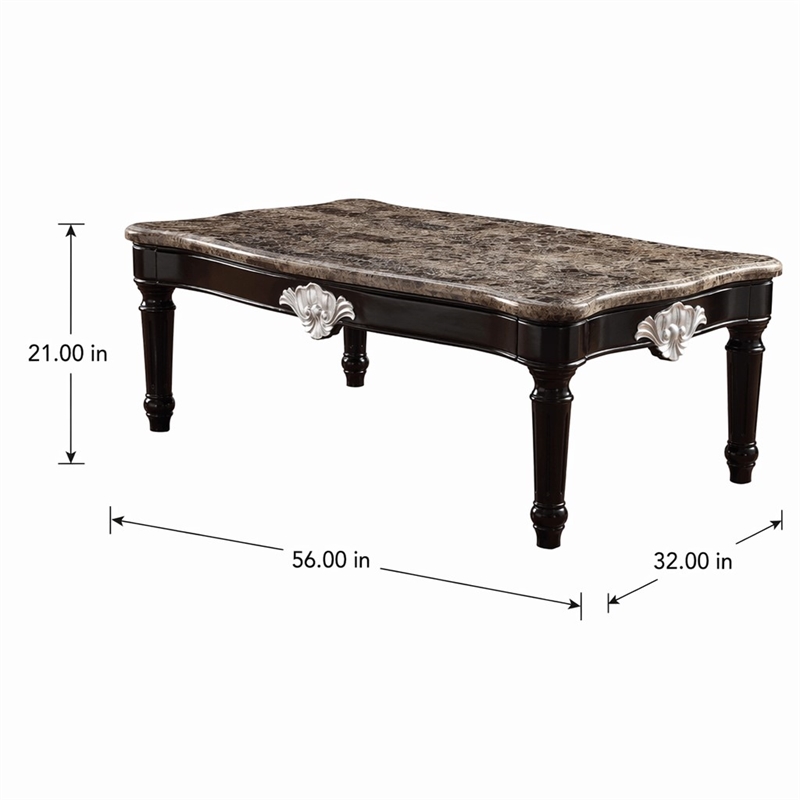 Bowery Hill Marble Top Coffee Table with Ornate Carved Details in Black