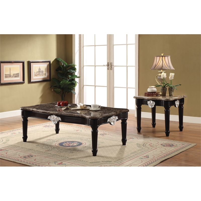 Bowery Hill Marble Top Coffee Table with Ornate Carved Details in Black