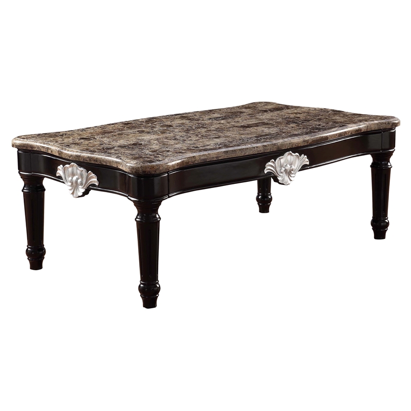 Bowery Hill Marble Top Coffee Table with Ornate Carved Details in Black