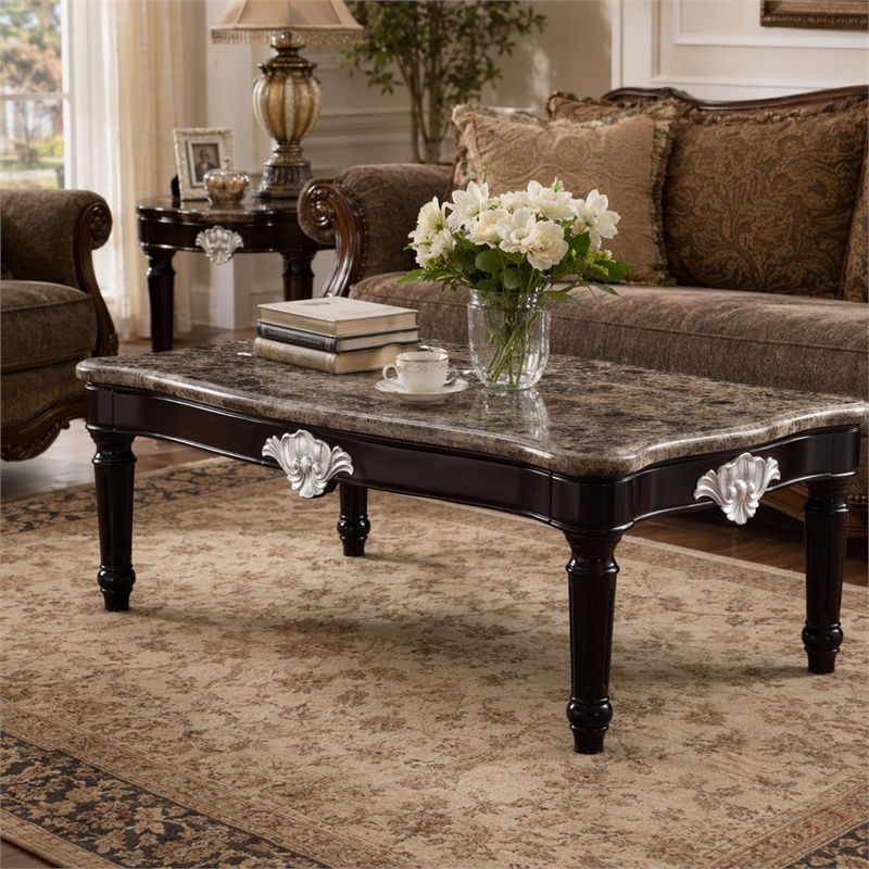Bowery Hill Marble Top Coffee Table with Ornate Carved Details in Black
