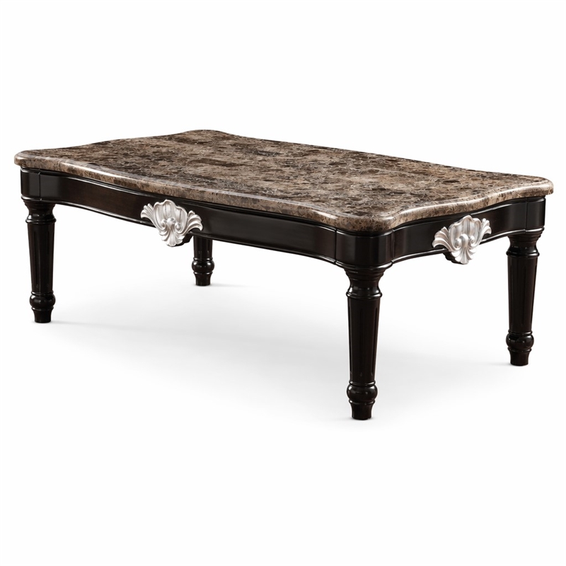 Bowery Hill Marble Top Coffee Table with Ornate Carved Details in Black