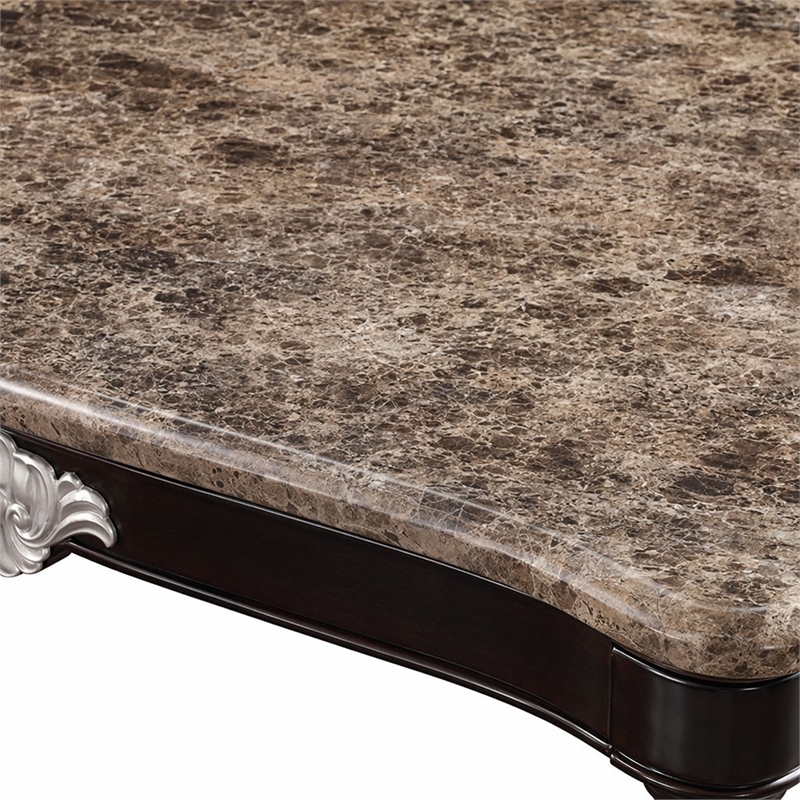 Bowery Hill Marble Top Coffee Table with Ornate Carved Details in Black