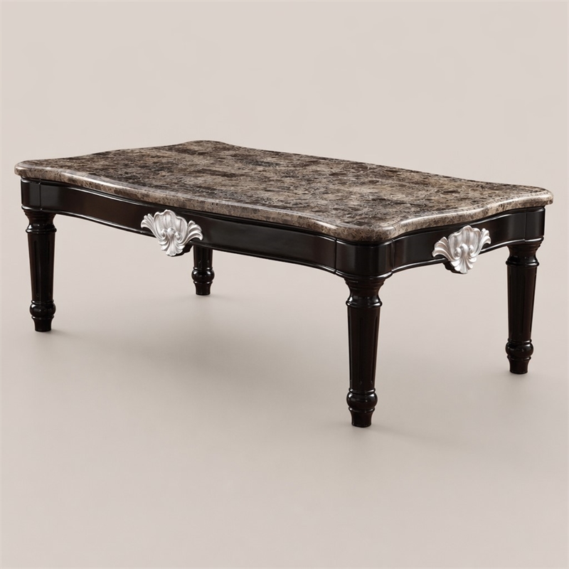 Bowery Hill Marble Top Coffee Table with Ornate Carved Details in Black