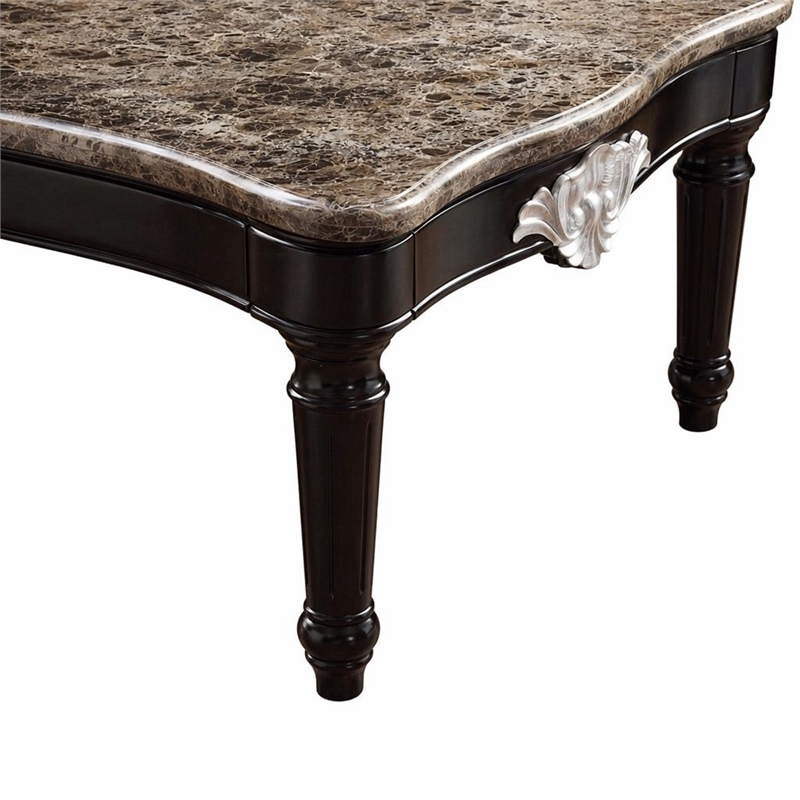 Bowery Hill Marble Top Coffee Table with Ornate Carved Details in Black
