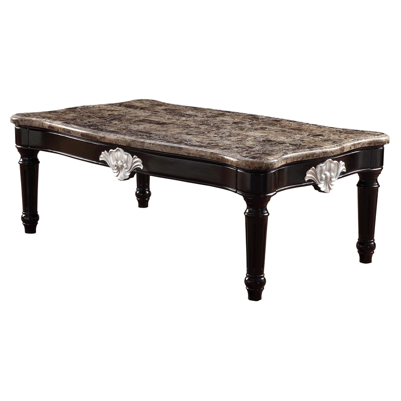 Bowery Hill Marble Top Coffee Table with Ornate Carved Details in Black