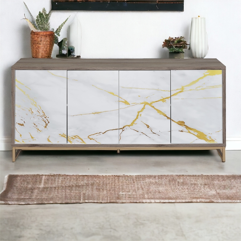 Bowery Hill Console Cabinet with White Faux Marble Doors in Oak Finish