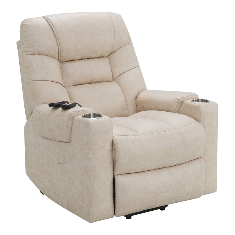Bowery Hill Faux Leather Power Recliner with Cupholders in Light Gray