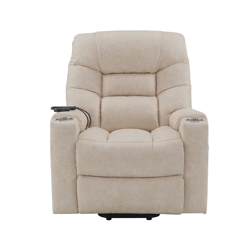 Bowery Hill Faux Leather Power Recliner with Cupholders in Light Gray