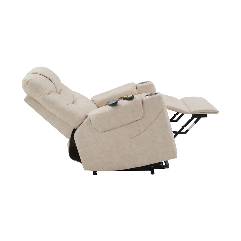 Bowery Hill Faux Leather Power Recliner with Cupholders in Light Gray